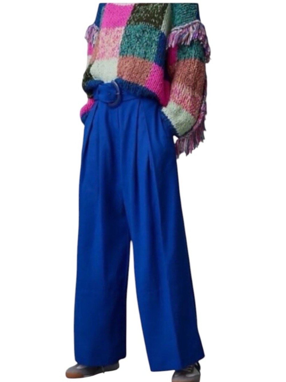 FARM Rio Wide Leg Tailored Blue Pant Size Small Belted Trousers High Rise - Picture 3 of 16